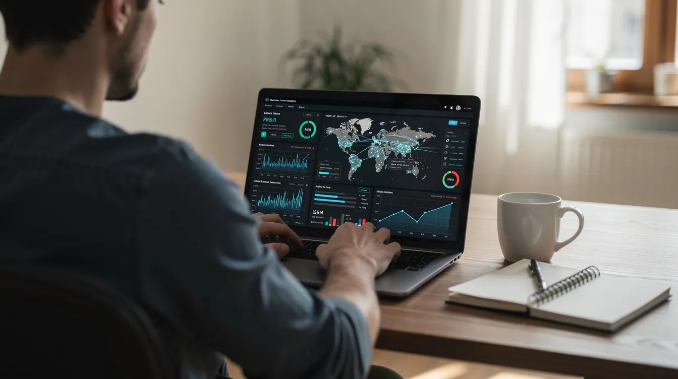 A person is sitting at a desk working remotely on a laptop that displays a security monitoring interface, emphasizing the importance of cybersecurity skills in today's digital landscape. This scene reflects the growing demand for cybersecurity professionals and the value of online cybersecurity bootcamps in preparing individuals for careers in the cybersecurity field.