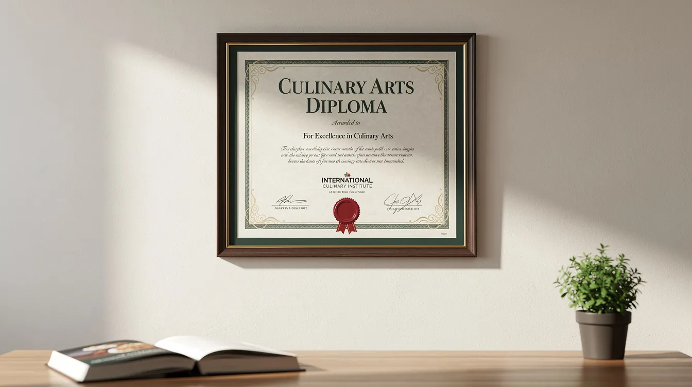 A beautifully framed culinary arts diploma is displayed on a wall, showcasing the achievement of completing a culinary arts program. The diploma signifies the dedication and skills acquired in the culinary field, preparing graduates for successful careers as food service professionals.