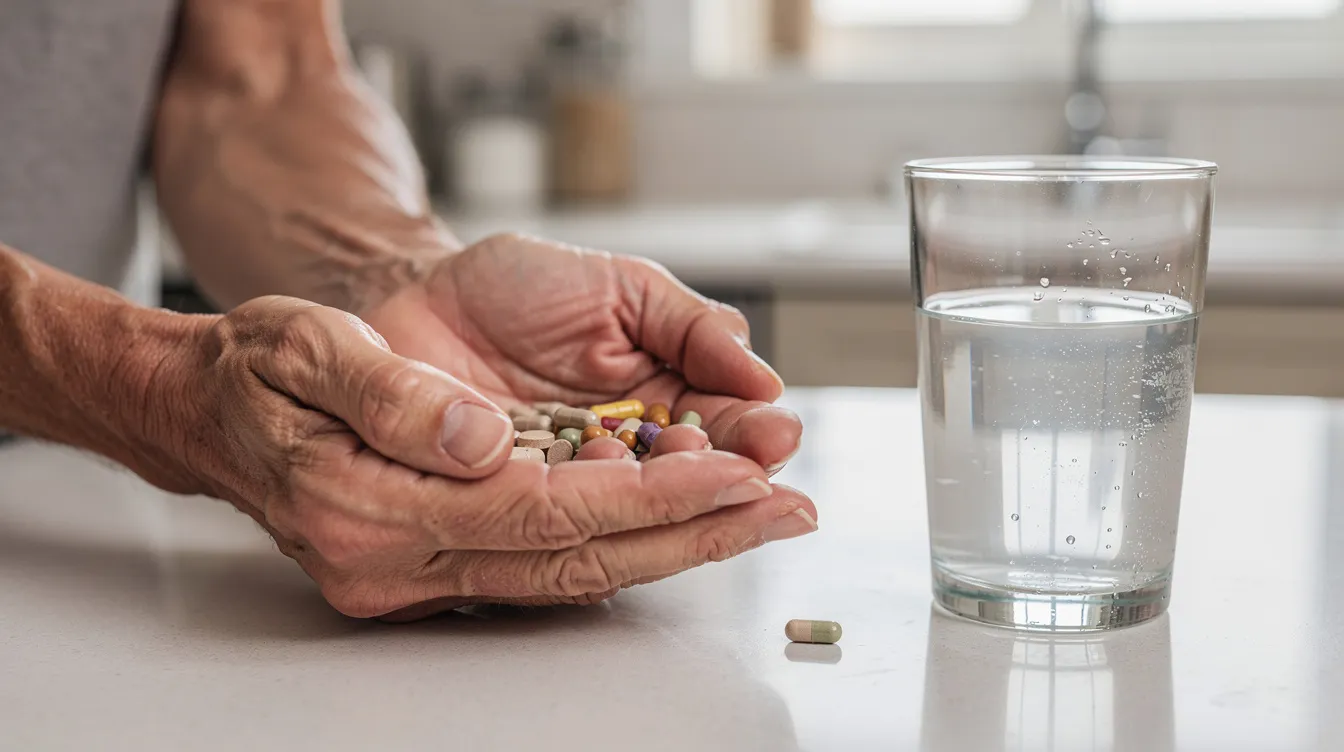 An older person's hands gently hold a few supplement capsules, including glucosamine and chondroitin, next to a glass of water on a kitchen counter, symbolizing a focus on joint health and easing joint pain. This scene highlights the importance of dietary supplements in managing arthritis symptoms and promoting healthy joints.