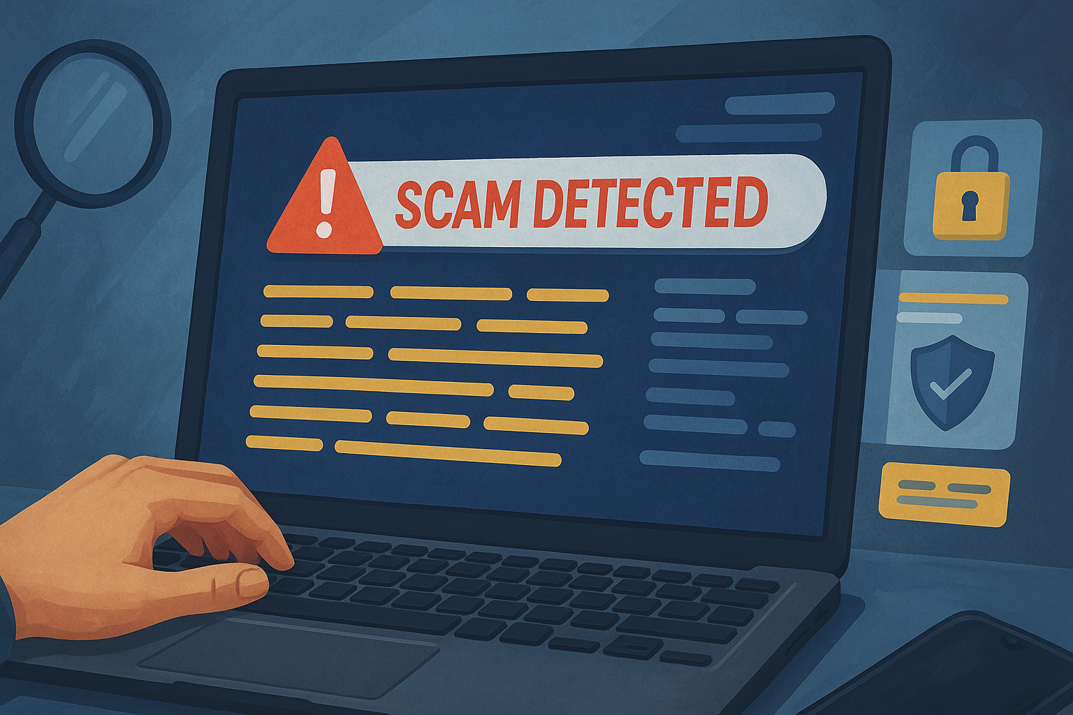 A semi-realistic digital illustration shows a laptop screen displaying a bold 'SCAM DETECTED' warning, surrounded by security icons like a padlock and shield, with a user’s hand hovering over the keyboard. Represents modern scam detection tools and cybersecurity.