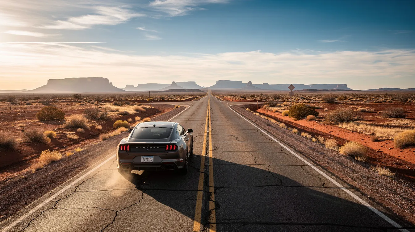 A car drives along a long, straight highway in the New Mexico desert, surrounded by vast stretches of arid land and distant mountains, reminding viewers of the potential risks of car accidents and the complexities of managing medical bills and insurance claims.