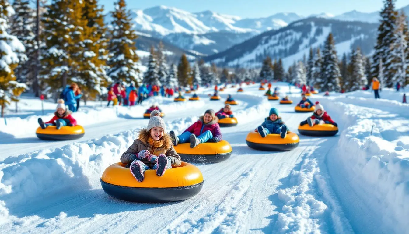 Families are having fun snow tubing down multiple lanes against a backdrop of winter mountain scenery at Brian Head Resort in Southern Utah. The scene captures the joy of winter recreation amidst the beautiful landscape of Dixie National Forest.