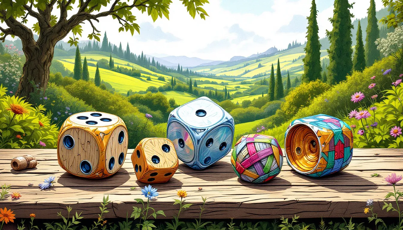 Recycled dice representing sustainability in gaming.