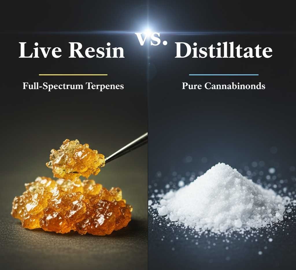A split image comparing live resin and distillate. The left side, labeled "Live Resin" and "Full-Spectrum Terpenes," shows a sticky, golden-amber live resin concentrate being lifted by a pair of tweezers, with more resin piled below it on a dark surface. The right side, labeled "Distillate" and "Pure Cannabinoids," features a clean pile of white, crystalline distillate powder on a dark surface. A bright light source at the top center illuminates the "VS." in the middle, separating the two sections.