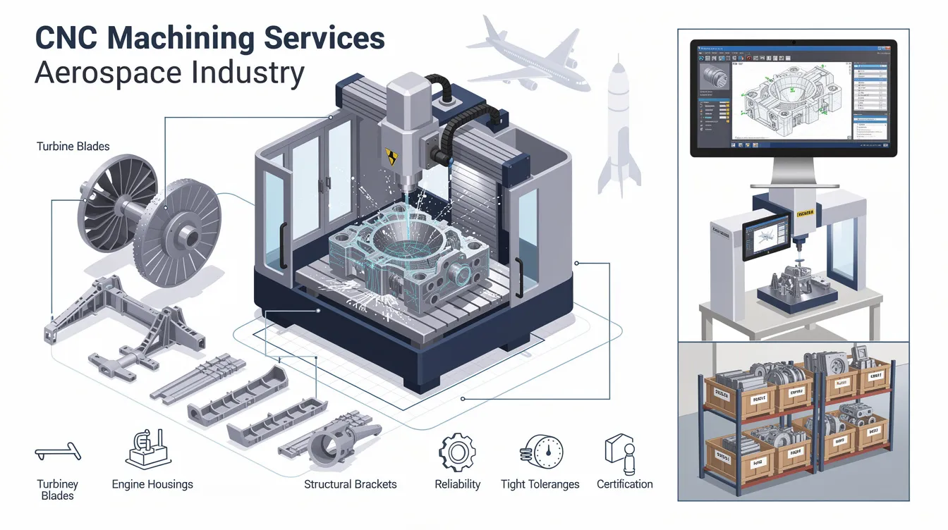 The image depicts a modern CNC machining setup specifically designed for the aerospace industry, showcasing advanced machinery capable of producing precision machined components such as turbine blades and engine parts from materials like titanium alloys and aluminum alloys. This overview highlights the importance of aerospace CNC machining services in manufacturing complex geometries and critical components that meet exact specifications and tight tolerances.