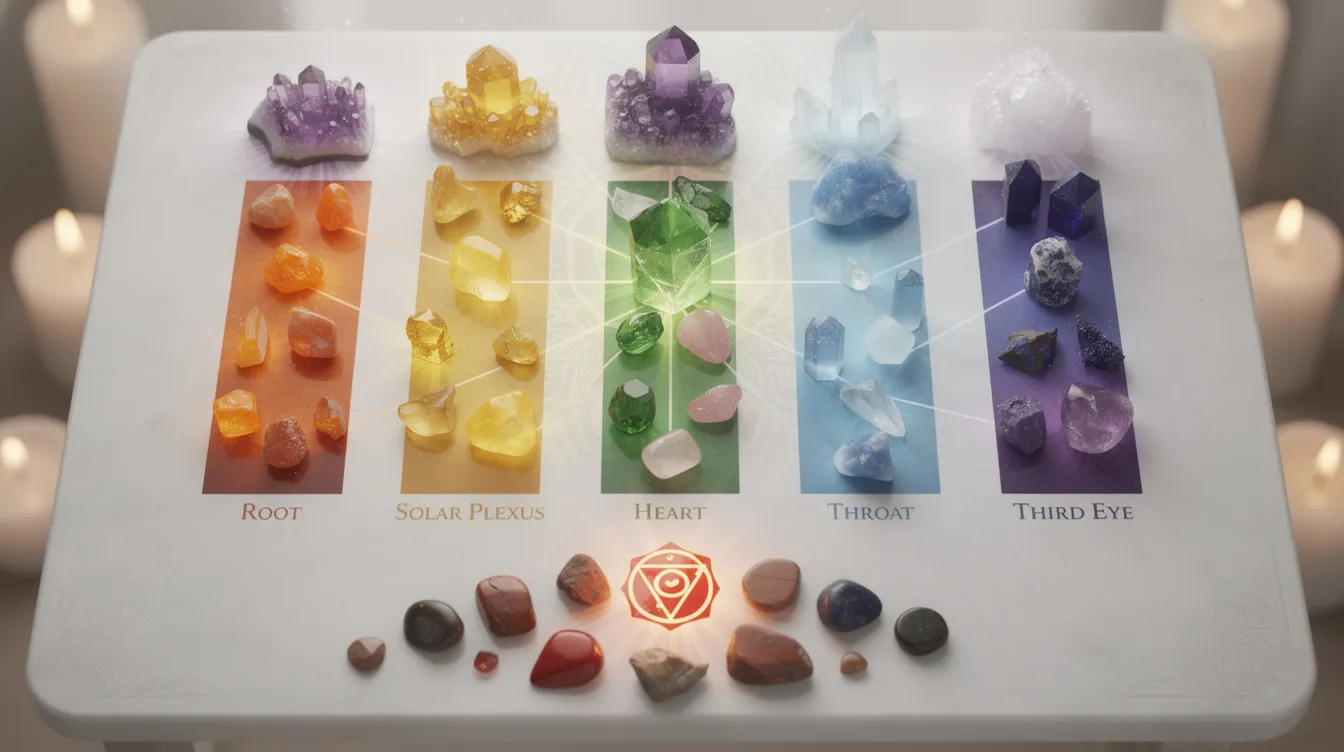 The image illustrates a visual mapping table displaying how various crystals correspond to each of the seven chakras, highlighting their colors and energy qualities. For example, red jasper is shown for the root chakra while amethyst represents both the crown and third eye chakras, emphasizing their roles in spiritual awareness and emotional healing.
