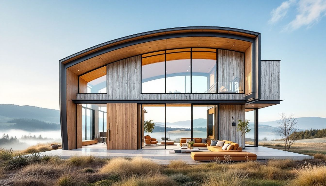 Architectural elements of a modern farmhouse, highlighting rustic and contemporary designs.