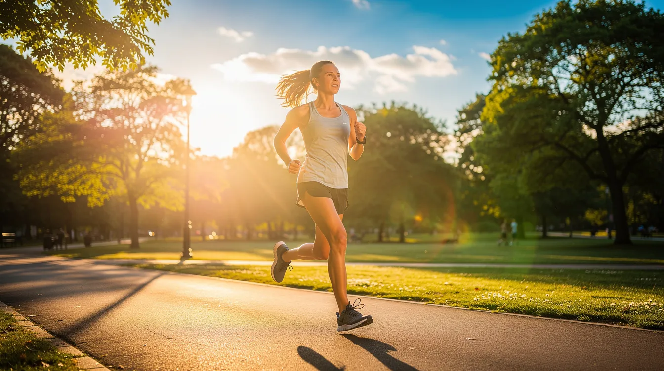 The image depicts a person jogging outdoors in the morning sunlight, embodying vitality and energy, which are essential for maintaining overall health and supporting cellular function. This scene resonates with the benefits of NAD supplements, known for their role in energy production and healthy aging.