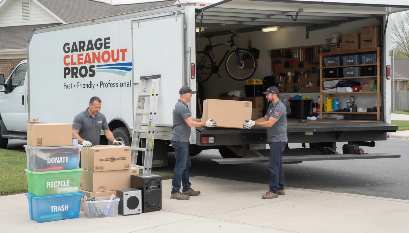 A professional garage cleanout team is seen loading unwanted items and debris into a truck, efficiently tackling a cluttered garage as part of their garage cleanout services. The dedicated team is engaged in heavy lifting, ensuring a smooth process for homeowners looking to reclaim their garage space.