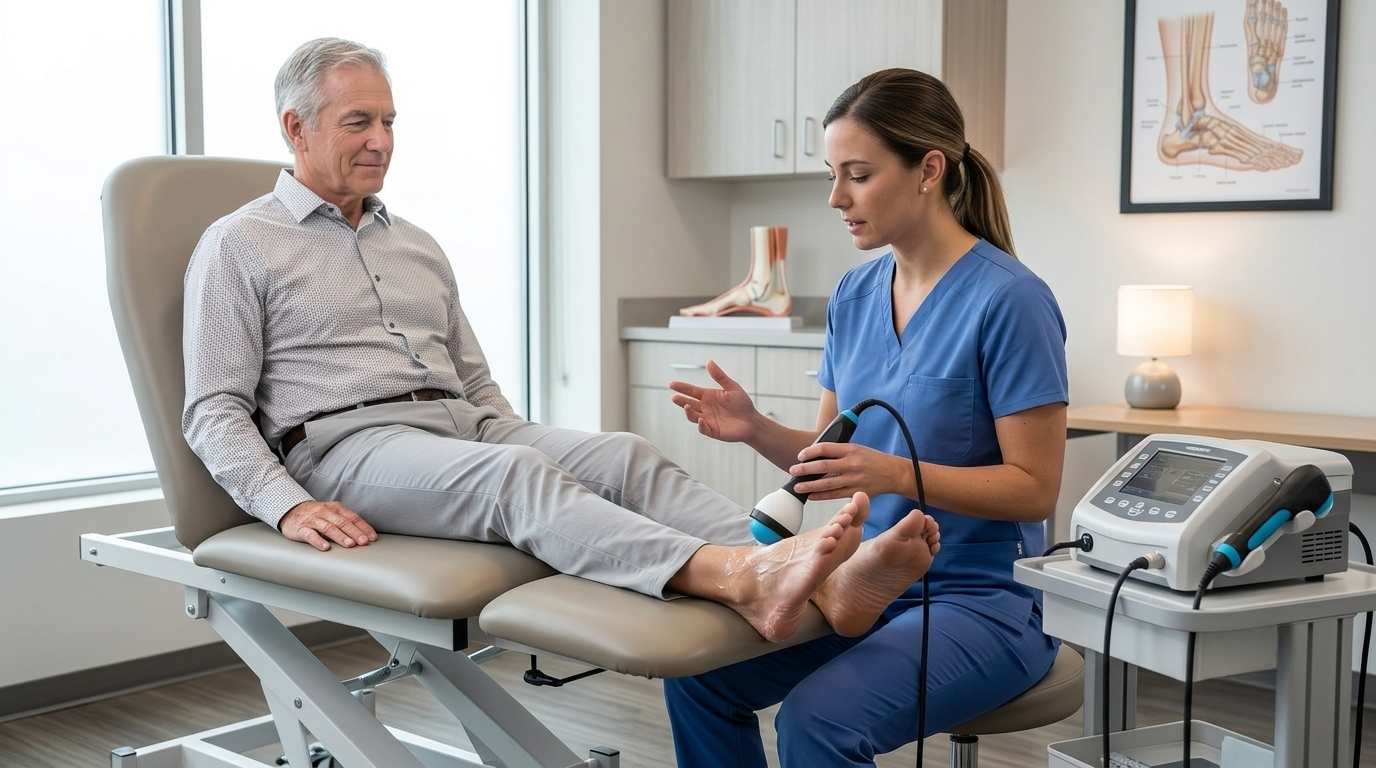 Foot and ankle specialist consulting with a patient before starting shockwave treatment