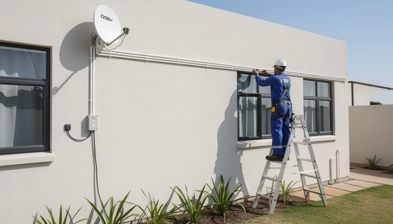 A DStv technician is seen installing cables along the exterior wall of a guesthouse, showcasing professional DStv installation services. The technician is working diligently to ensure reliable signal strength for the satellite dish, highlighting the importance of high-quality workmanship in the Western Cape area.
