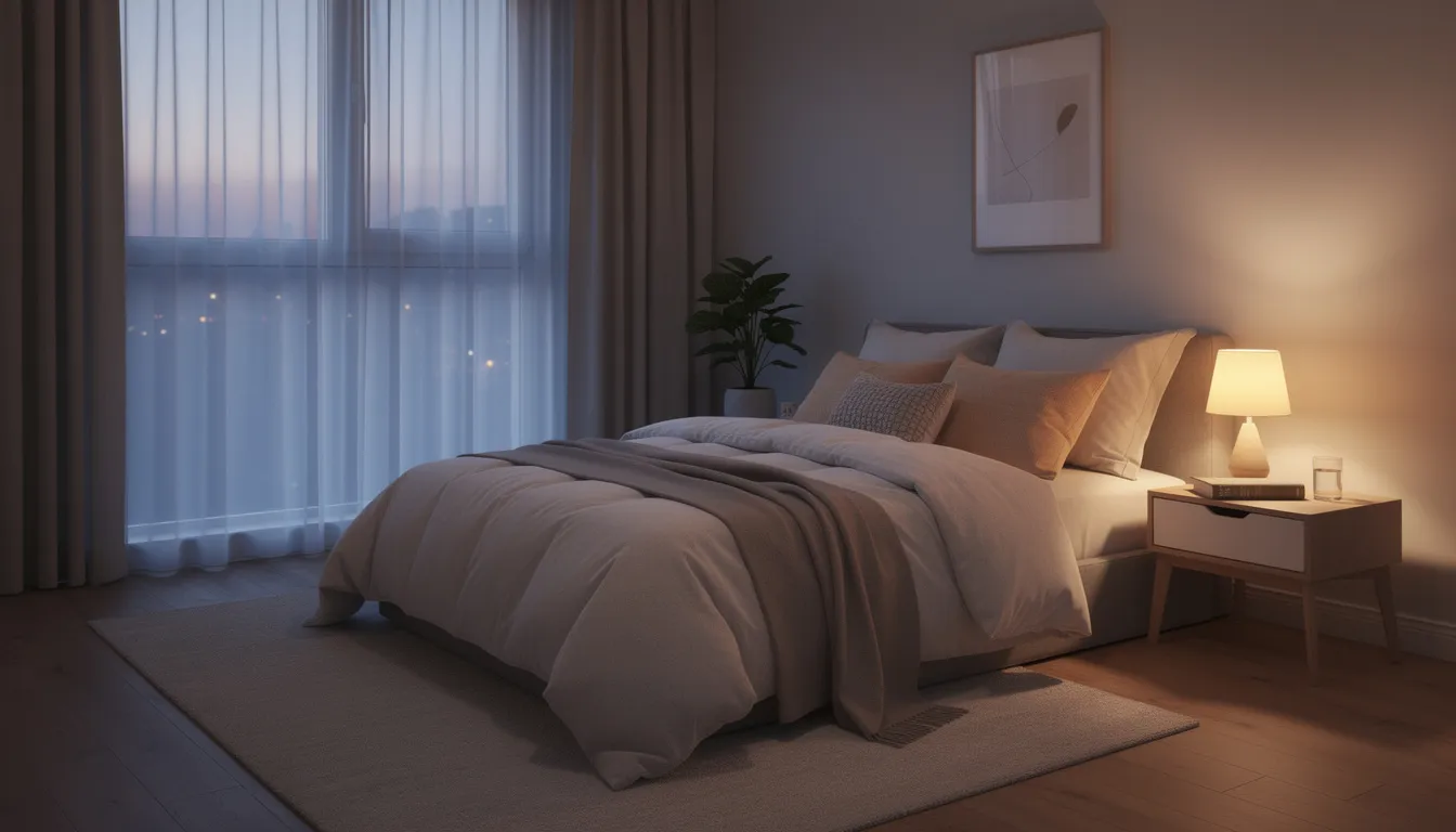 The image depicts a calm bedroom at twilight, featuring soft lighting and comfortable bedding, creating a serene environment conducive to better sleep. This tranquil space may aid in weight management and support a healthy metabolism, essential for overall health and well-being.