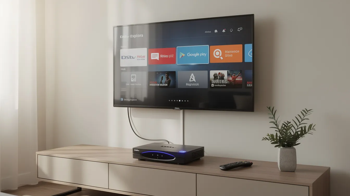 The image shows a DStv Explora decoder neatly connected under a wall-mounted TV, illustrating the setup for a DStv installation. This setup enhances the viewing experience, allowing users to enjoy their favorite shows and live sports through the DStv streaming service.