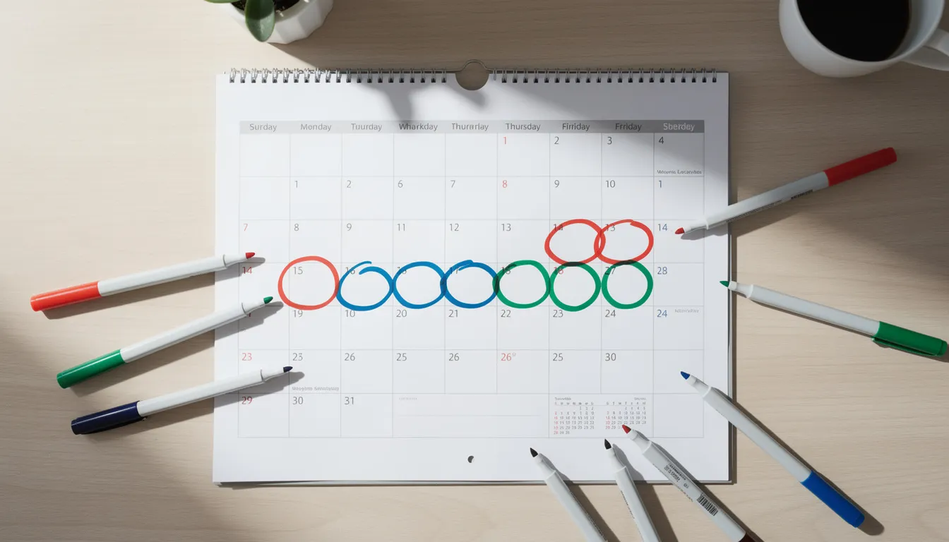 The image shows a calendar with several dates circled in bright colors, indicating important events or appointments. This visual representation could be useful for tracking sick leave and ensuring proper completion of self certification forms for employers regarding statutory sick pay.
