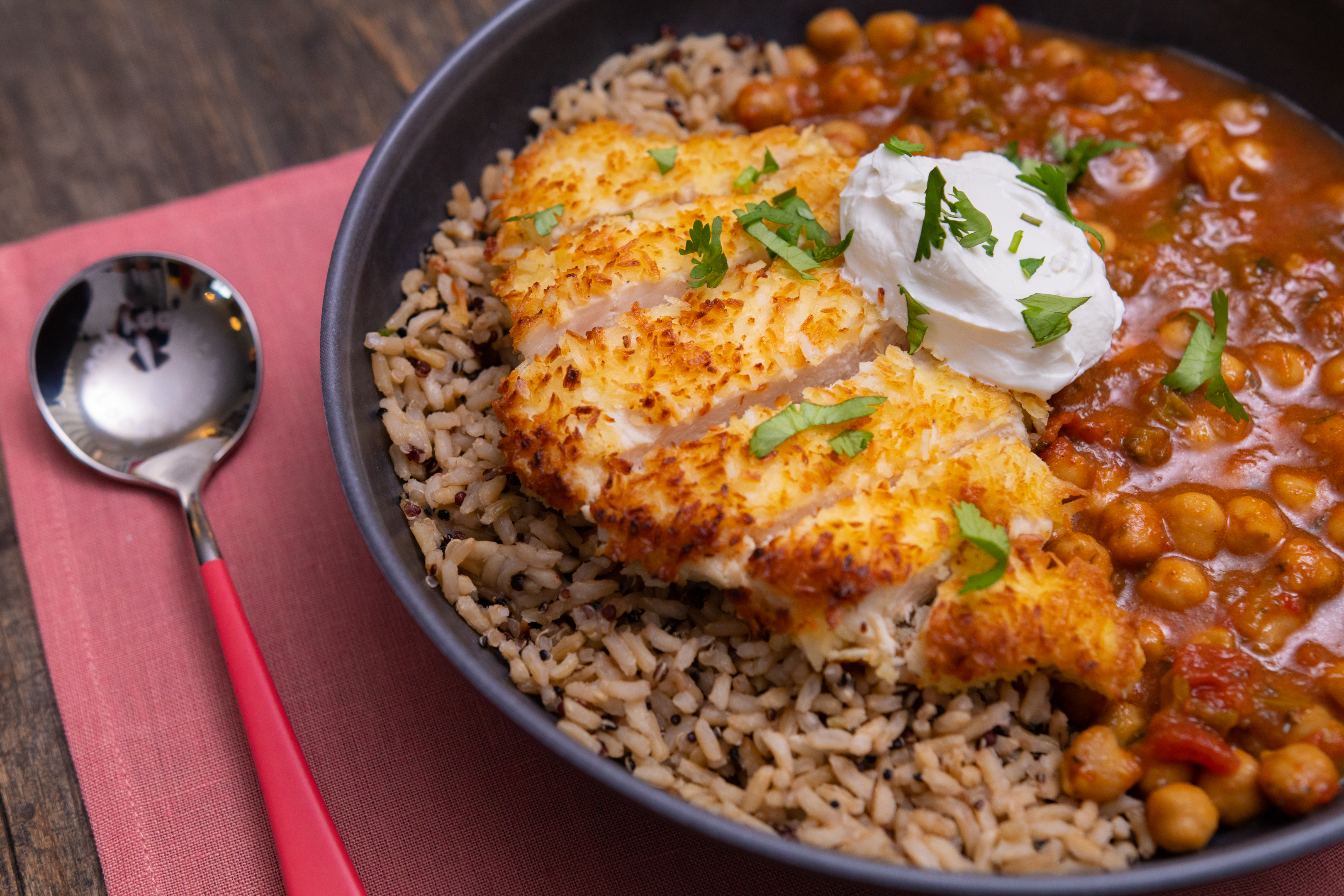 Grilled chicken with Proper Good's Chana Masala and Brown Rice & Quinoa Blend