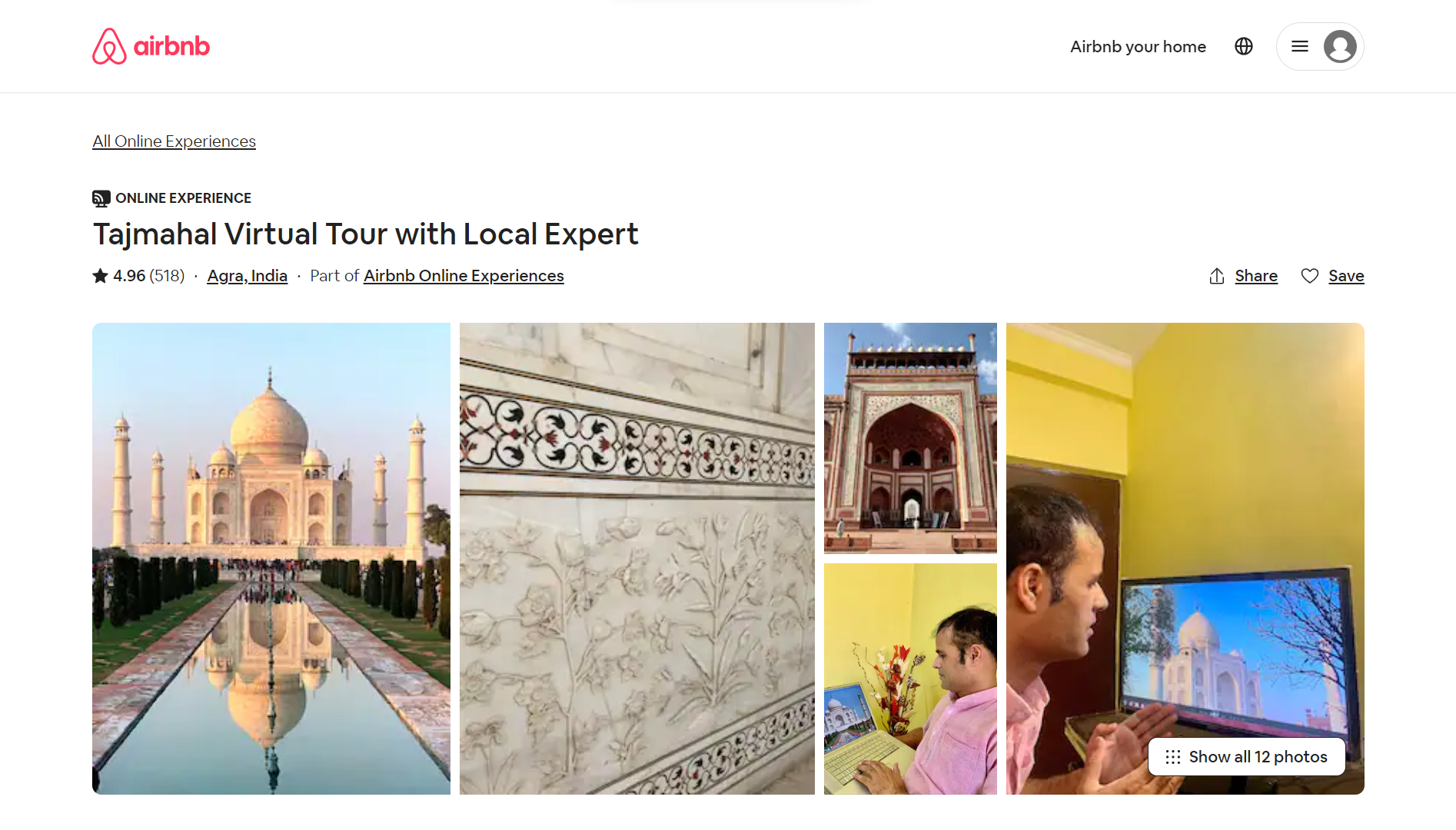 A screenshot of Airbnb virtual tour of Taj Mahal