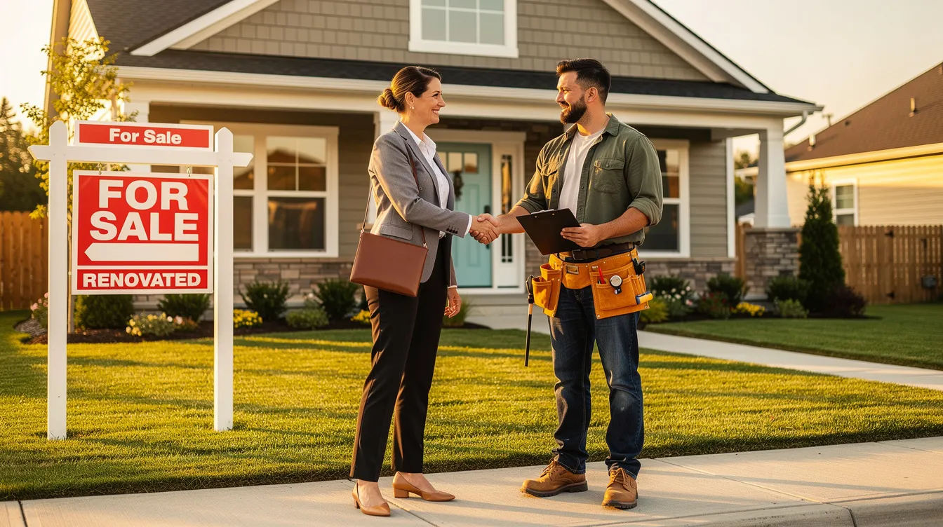 A real estate investor is shaking hands with a contractor in front of a beautifully renovated house, symbolizing a successful collaboration in flipping houses. The setting reflects the housing market's potential, showcasing the investment properties that can yield a good deal for future home buyers.