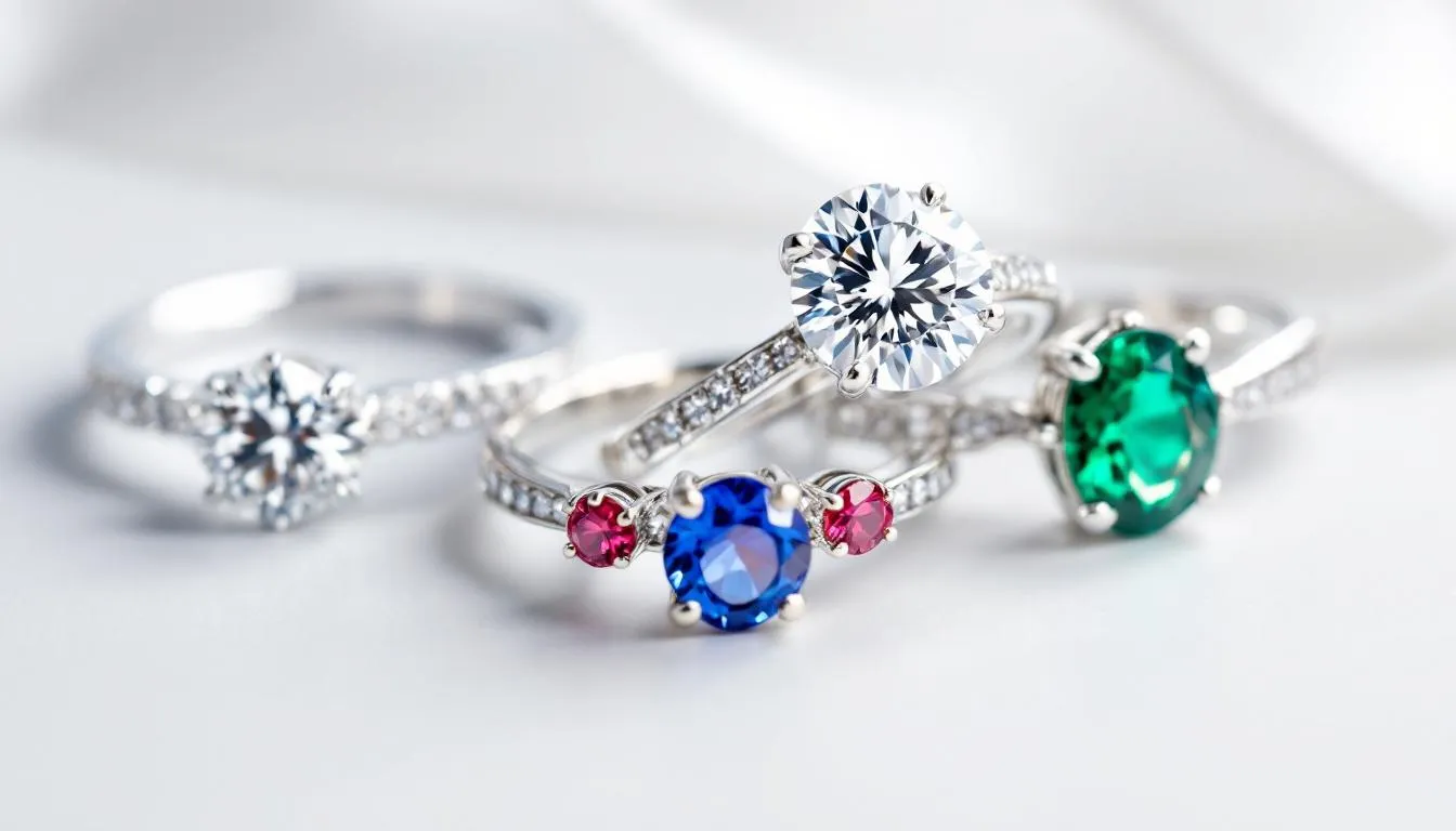The image showcases a collection of sterling silver rings featuring various popular stone options, including sparkling diamonds, vibrant amethyst, and shimmering cubic zirconia. These elegant stone rings are designed for women and can be stacked or worn individually to create a unique style for any occasion.