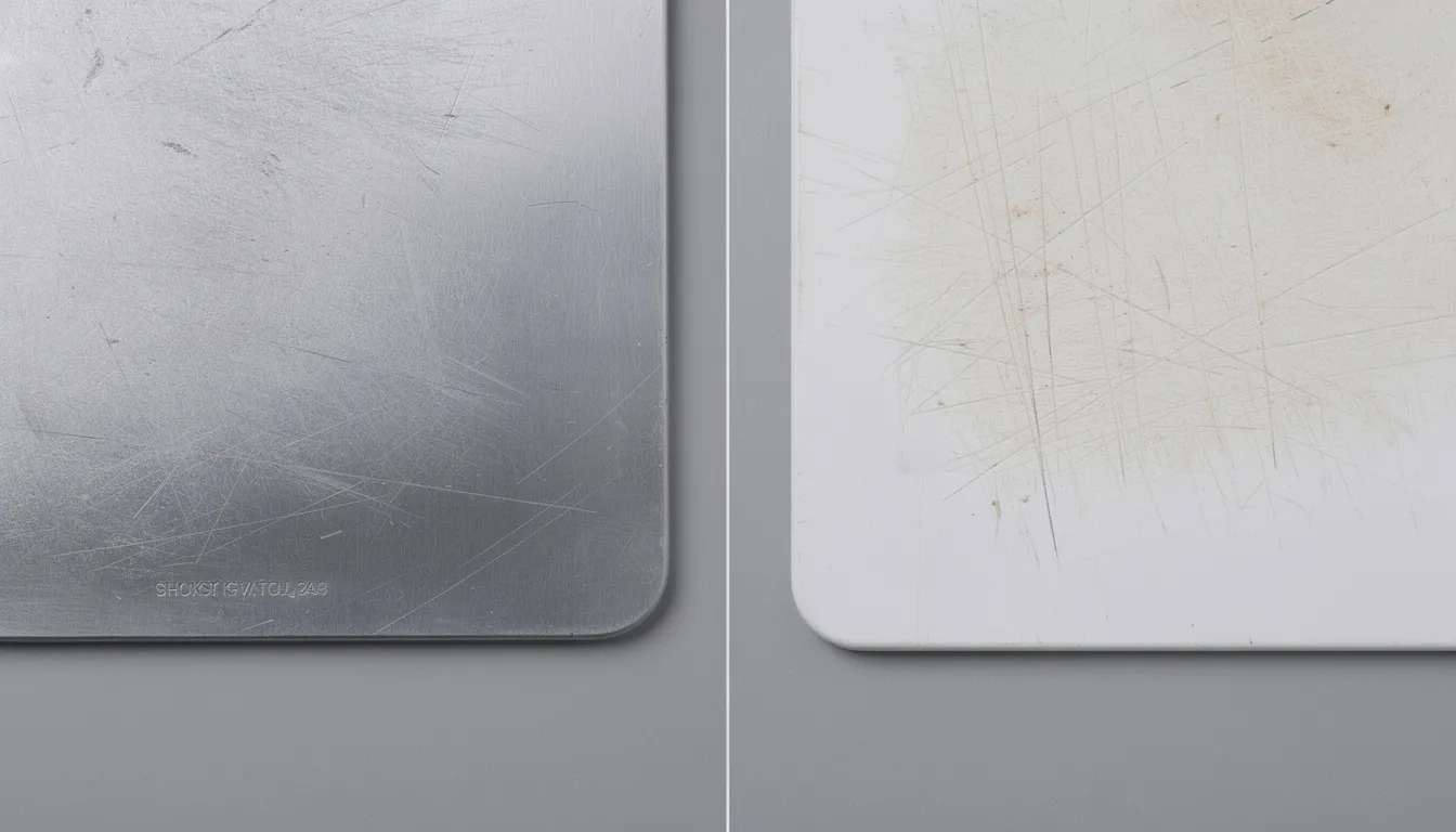 The image shows a side-by-side comparison of a titanium cutting board and a plastic cutting board, highlighting their different wear patterns after long-term use. The titanium board appears more durable and less scratched, while the plastic cutting board shows signs of wear, emphasizing the benefits of choosing heavy-duty materials for kitchen tasks.