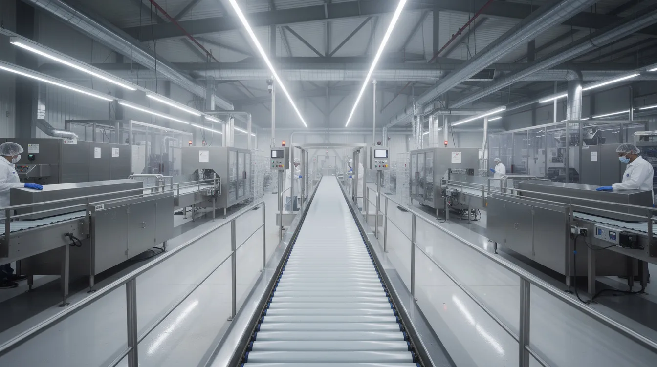 The image depicts the interior of a bustling industrial food processing factory, featuring conveyor belts and various metal equipment used in the manufacturing of puffed rice. This environment highlights the machinery essential for the puffed rice industry, showcasing the production capacity and processes involved in creating popular snacks like murmura and bhel puri.
