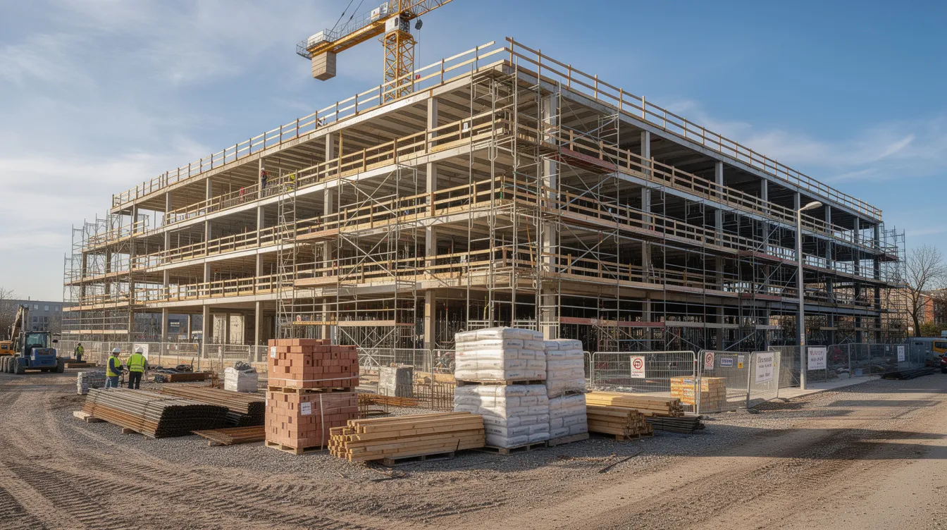 The image depicts a commercial building under construction, surrounded by scaffolding and various building materials scattered around the job site. This construction project highlights the importance of contractor liability insurance to protect against potential risks such as property damage and third-party claims.