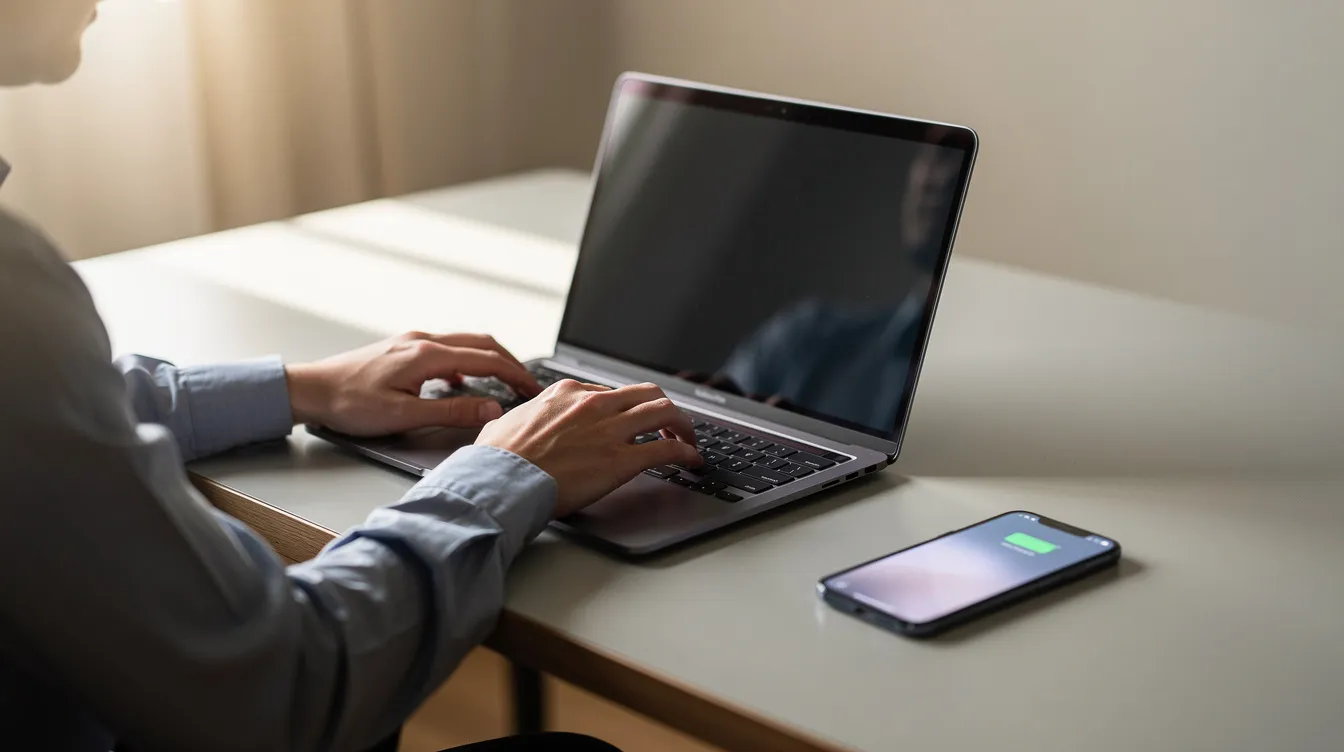 Eine Person sitzt an einem Laptop und tippt auf der Tastatur, während im Hintergrund ein Smartphone auf dem Schreibtisch liegt. Die Szene vermittelt einen Eindruck von produktiver Arbeit, möglicherweise im Zusammenhang mit einem Activision-Konto oder Informationen zu Call of Duty.