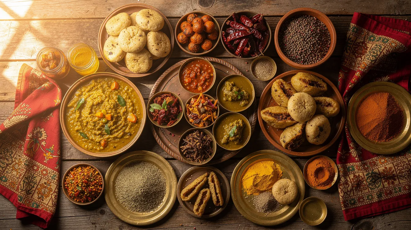 The image showcases a variety of traditional Rajasthani food items, including colorful pickles and aromatic spices, beautifully arranged on a rustic wooden table, highlighting the region's rich cultural heritage and culinary diversity. This vibrant display reflects the potential for small business ideas in the food service market, particularly in the thriving pickle making business sector in Rajasthan.
