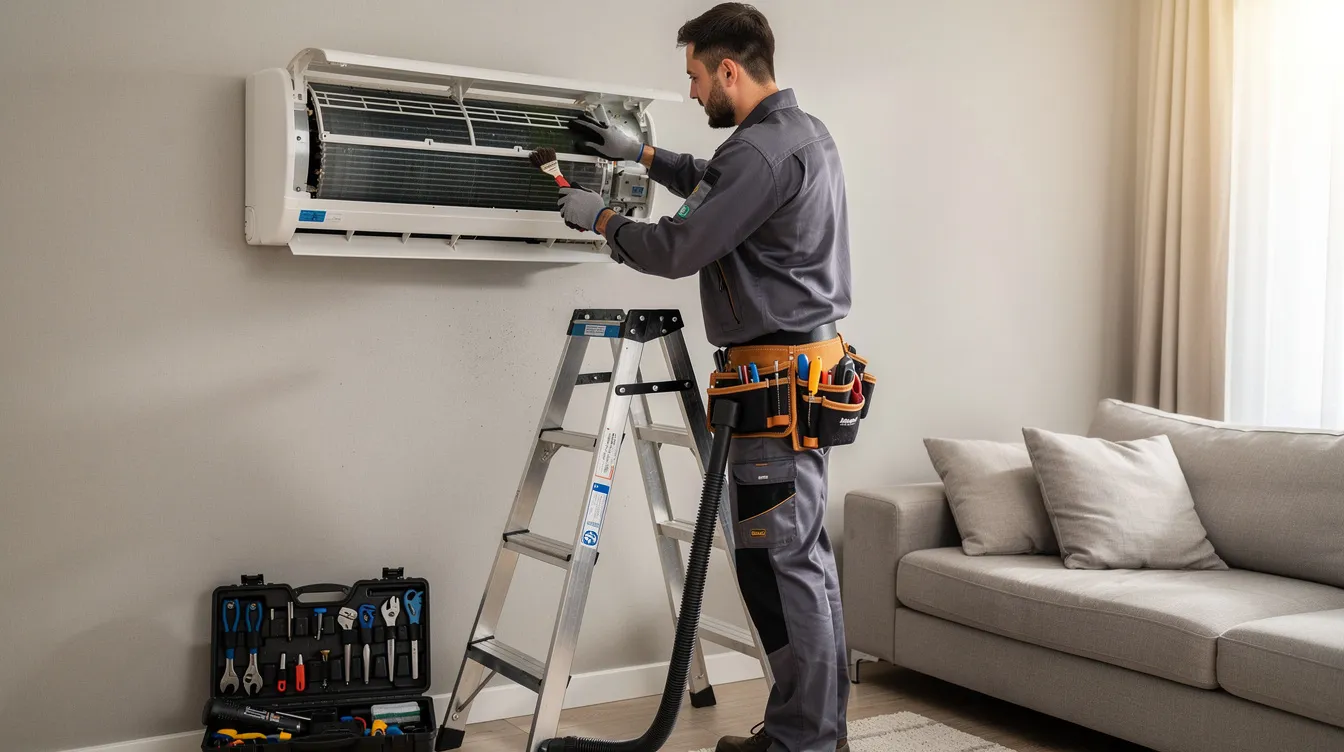 A professional technician is servicing an indoor split air conditioning unit in a residential setting, ensuring optimal performance and energy efficiency. The technician is focused on maintaining the air conditioning system to enhance air quality and reduce energy bills for the homeowner.