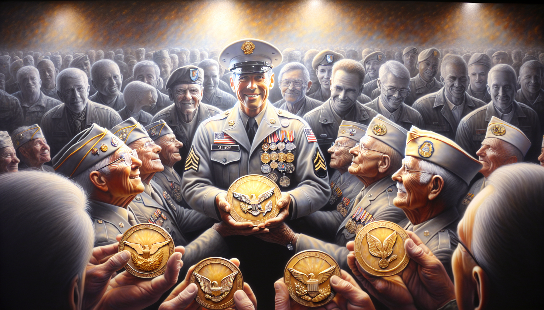 An illustration representing the support of veterans through challenge coin purchases.