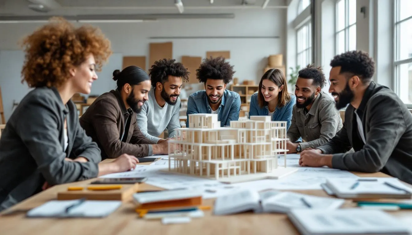 A group of architecture students is collaborating in a studio setting, engaged in discussions and sketching designs, showcasing their communication skills and teamwork as they pursue their career development and personal growth in the field. The atmosphere reflects a supportive environment for learning and the exchange of new ideas, essential for their future professional success.