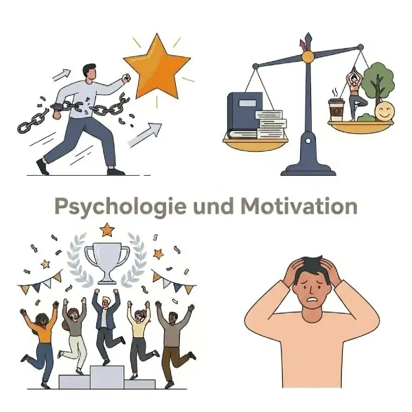 Illustration zu Psychologie und Motivation beim Schreiben einer Masterarbeit mit Stress, Balance und Erfolgserlebnissen