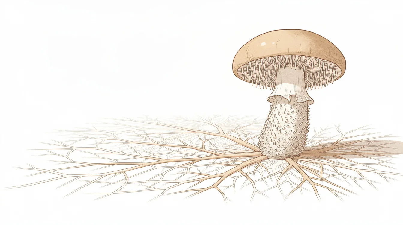 The image shows a detailed illustration of a lion's mane mushroom fruiting body, characterized by its unique spines, alongside thin root-like mycelium threads spreading across a surface. This depiction highlights the connection between the mushroom's structure and its potential health benefits, including cognitive function and immune support.