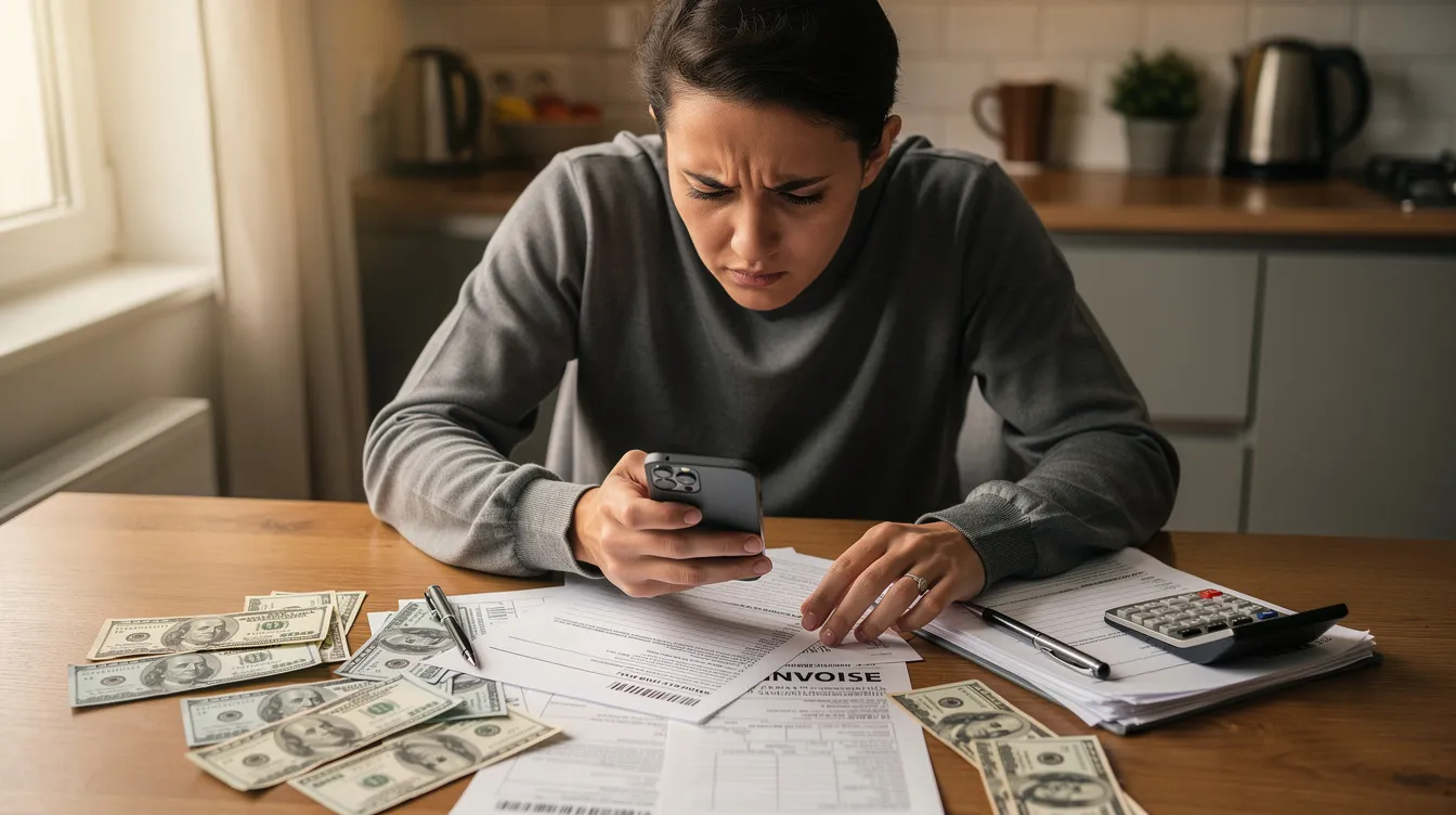 A focused person is sitting at a kitchen table, using a smartphone while surrounded by bills and documents. The scene suggests they are engaged in a financial task, possibly related to applying for a loan or managing their expenses.