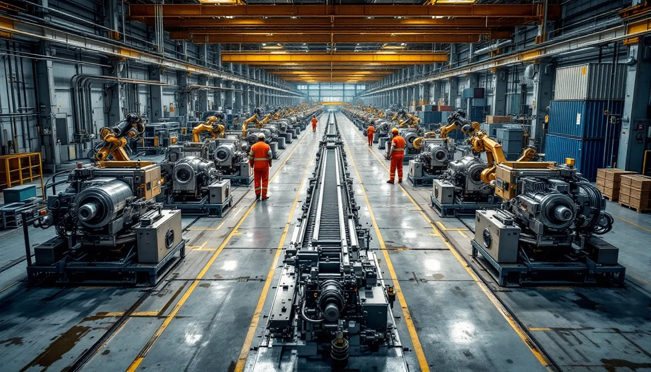 Na imagem, uma linha de produção em uma fábrica é retratada, com várias máquinas industriais em operação, representando ativos imobilizados essenciais para a produção de mercadorias. Essas máquinas e equipamentos são bens duráveis que contribuem para as atividades operacionais da empresa, evidenciando a importância da contabilidade e da gestão de ativos.