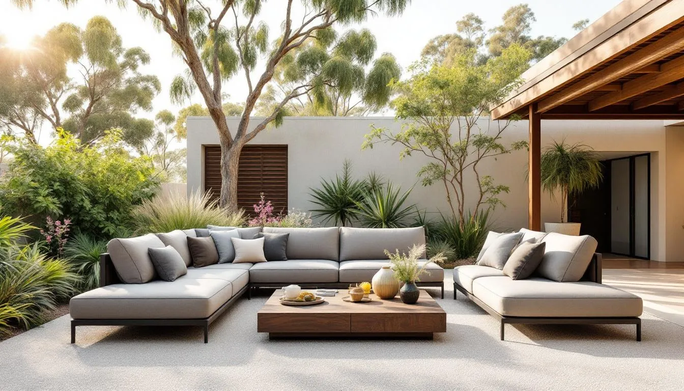 A modern outdoor lounge setting features comfortable seating and a stylish coffee table, set against the backdrop of an Australian backyard, creating a perfect outdoor oasis for relaxing with family and friends. The outdoor lounge furniture is designed for year-round enjoyment, enhancing the elegance of the outdoor space.