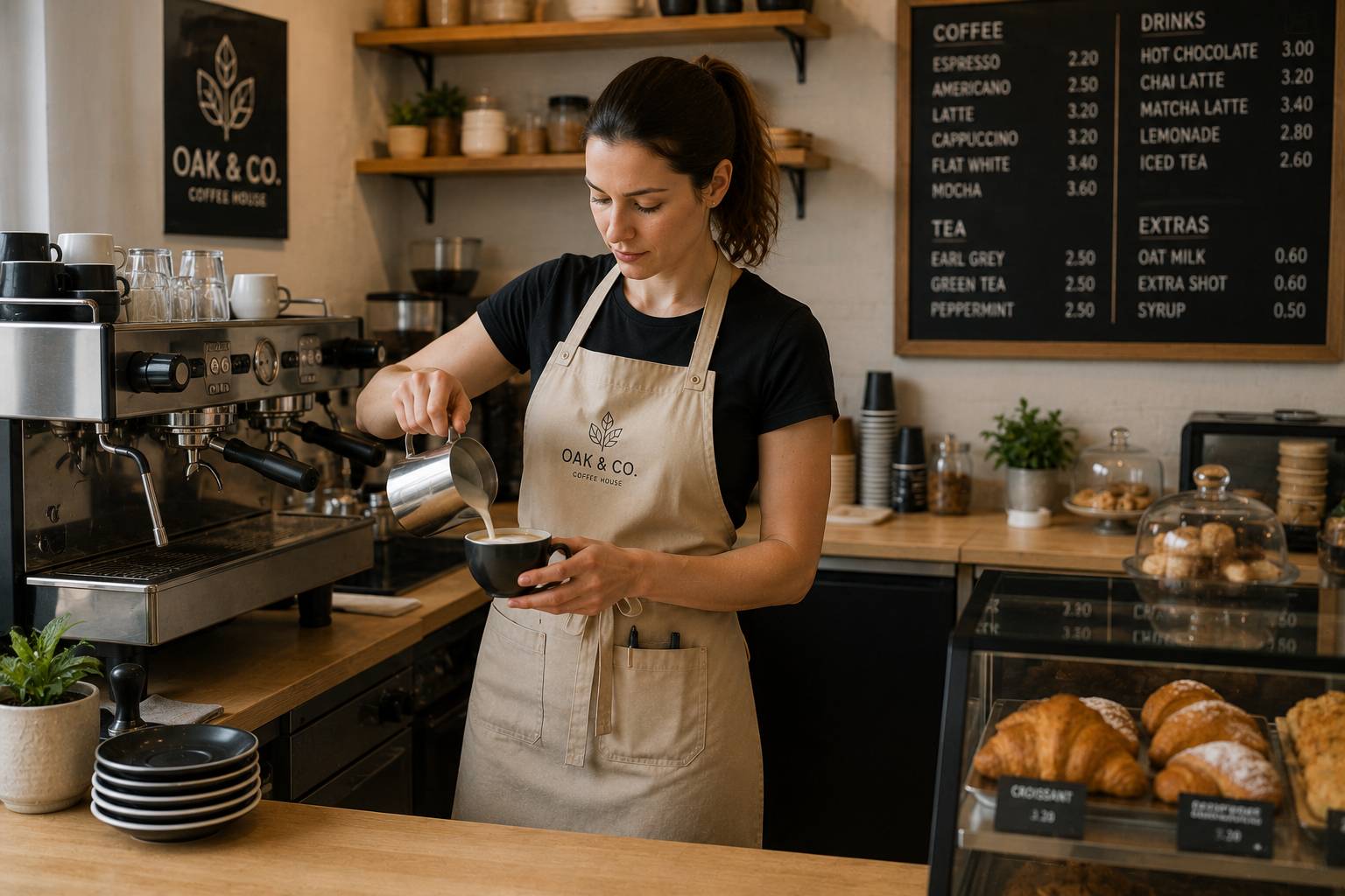 Barista wearing a bib apron with front coverage and pockets while preparing coffee behind a café counter.