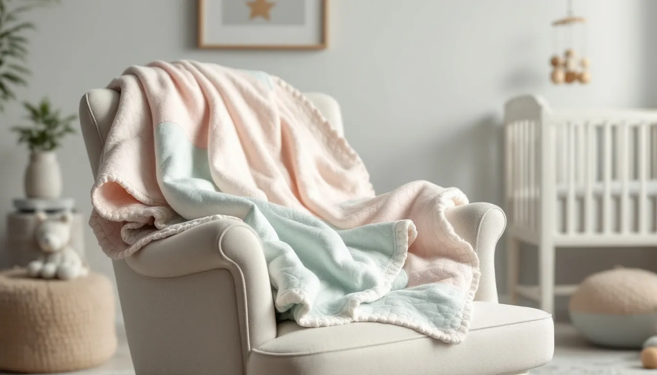 A cozy handmade baby blanket made from soft pastel fabric is neatly folded on a nursery rocking chair, surrounded by warm lighting in a clean and modern nursery. This thoughtful gift idea is perfect for a baby shower or welcoming a new little one into the family.