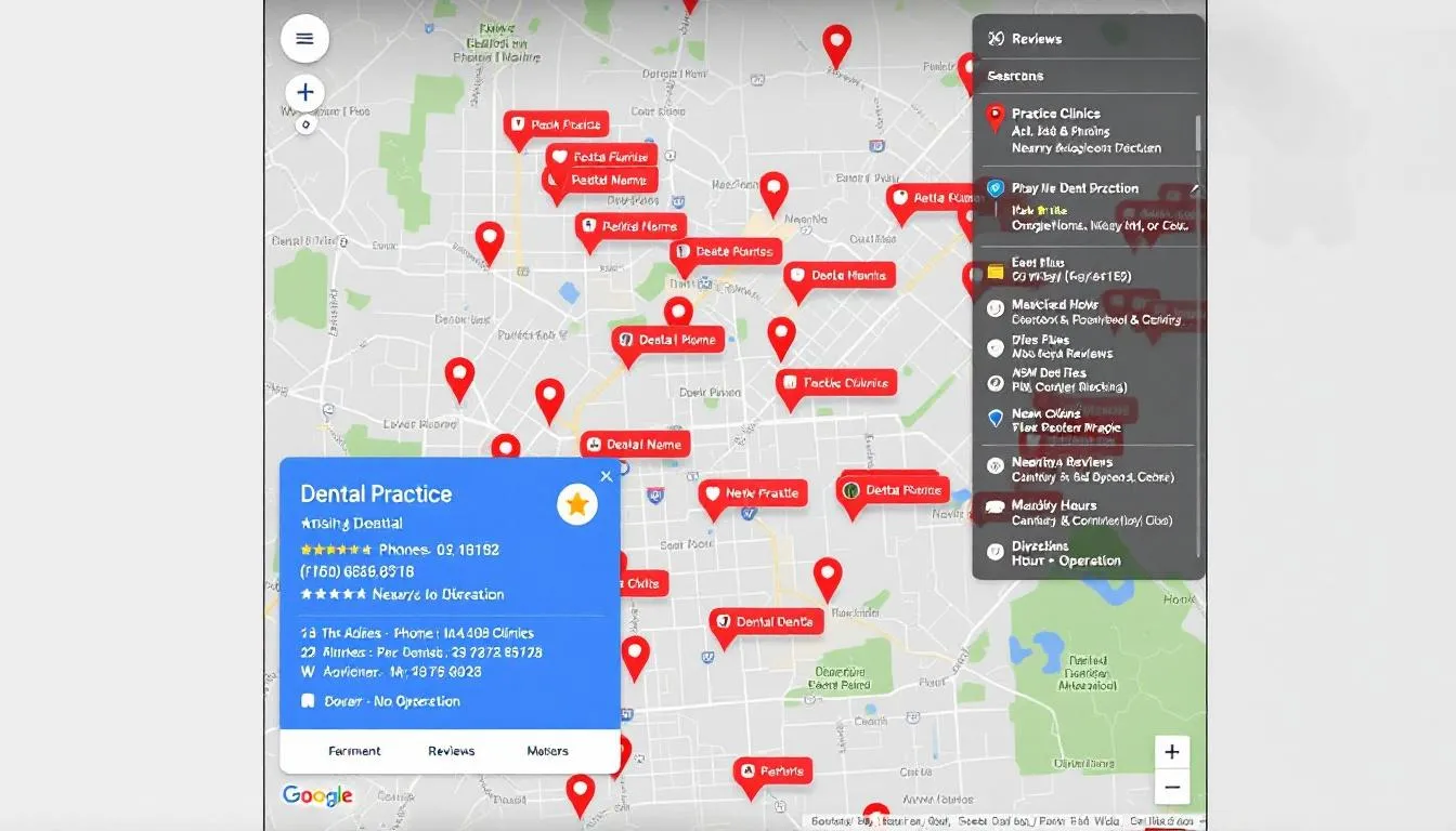 <alt text> A screenshot of Google Maps displaying various dental practices, their locations, and reviews. The map highlights dental clinics and emergency dentists, showcasing patient testimonials and search engine rankings to attract local patients searching for dental services. </alt text>