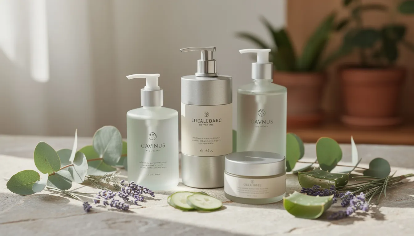 The image showcases a collection of sustainable beauty products, including refillable containers filled with natural ingredients and essential oils, emphasizing eco-friendly packaging and cruelty-free formulations. These environmentally friendly cosmetics are designed to enhance your beauty routine while prioritizing safe and nourishing ingredients for both your skin and the planet.