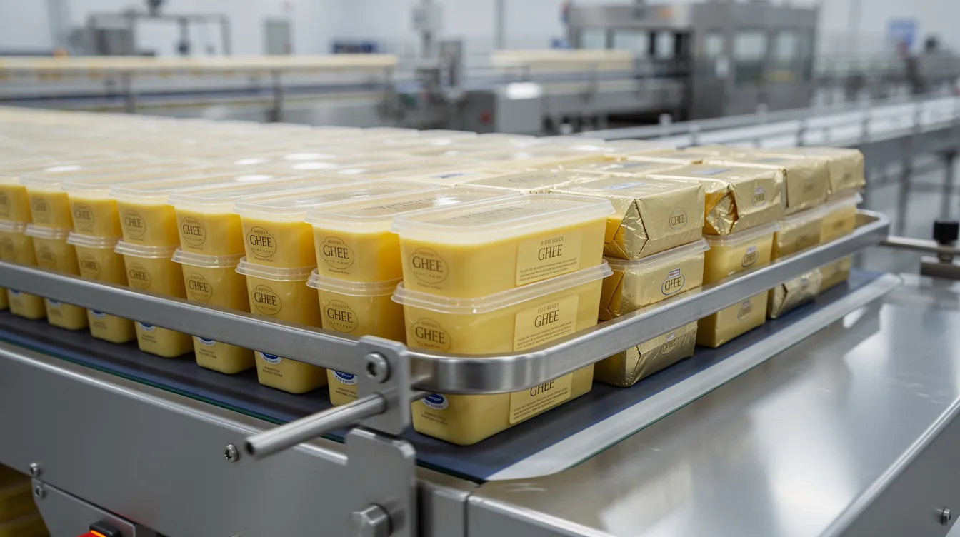 3f5daad6 bc6b 4b2b 886b fe6216f416c0 The image depicts rows of packaged ghee containers and blocks of butter moving along a production conveyor belt in a ghee manufacturing plant, showcasing the efficient operations involved in the ghee production process. This scene highlights the key raw materials and manufacturing techniques essential for creating high-quality clarified butter.