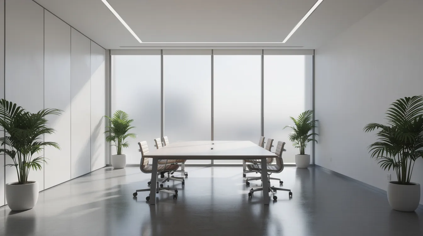 The image depicts a modern office meeting room featuring frosted glass partitions that provide privacy while allowing natural light to filter through. The space is designed with a clean aesthetic, emphasizing functionality and a decorative touch suitable for commercial buildings.