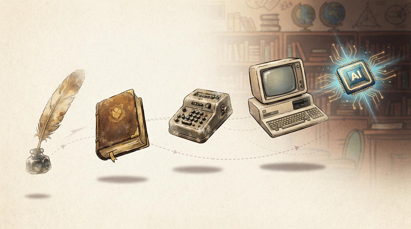Timeline illustration of a quill pen, book, calculator, computer, and AI chip, showing the history of new learning tools in higher education