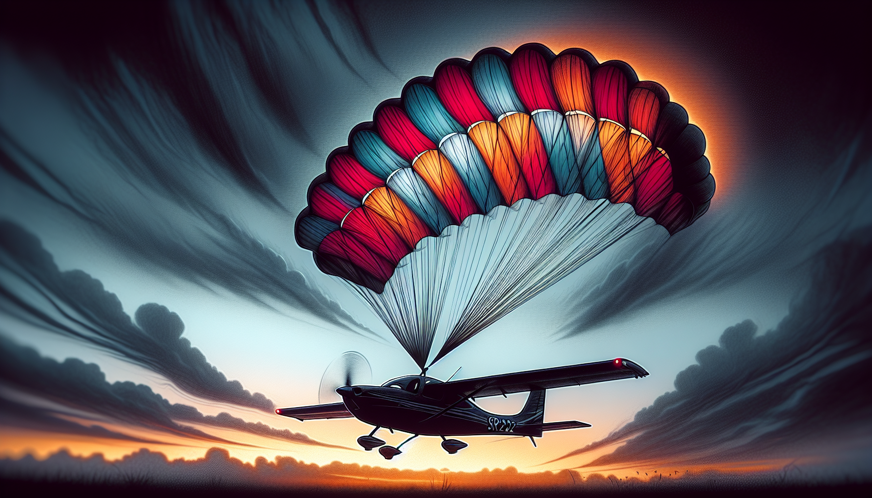 Illustration of the Cirrus Airframe Parachute System (CAPS) in action