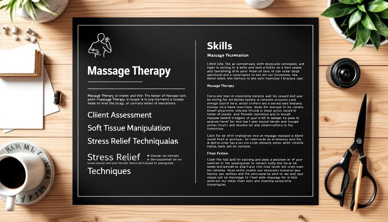 The image showcases a visually appealing graphic representation of key skills for a massage therapist resume, highlighting various massage techniques such as deep tissue and prenatal massage. It emphasizes the importance of personalized treatment plans, effective communication skills, and the need for relevant certifications in the massage therapy industry.