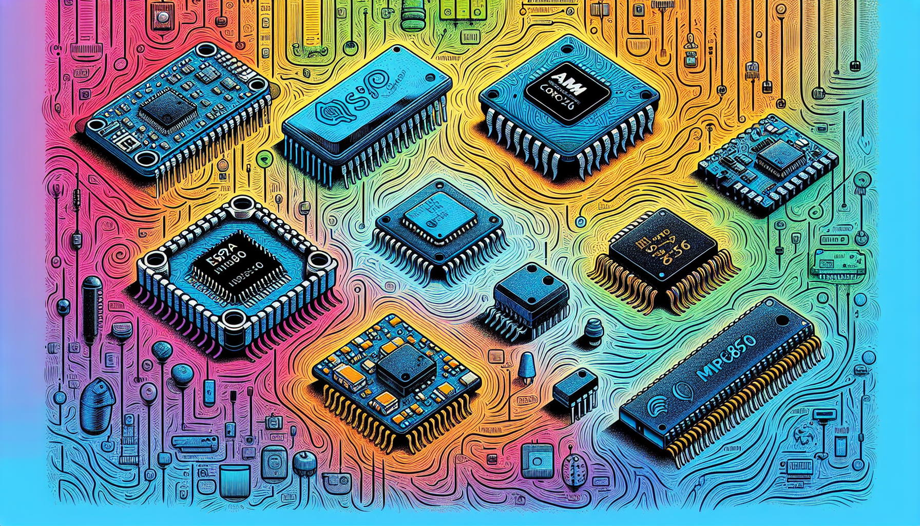 Various microcontrollers on a colorful background