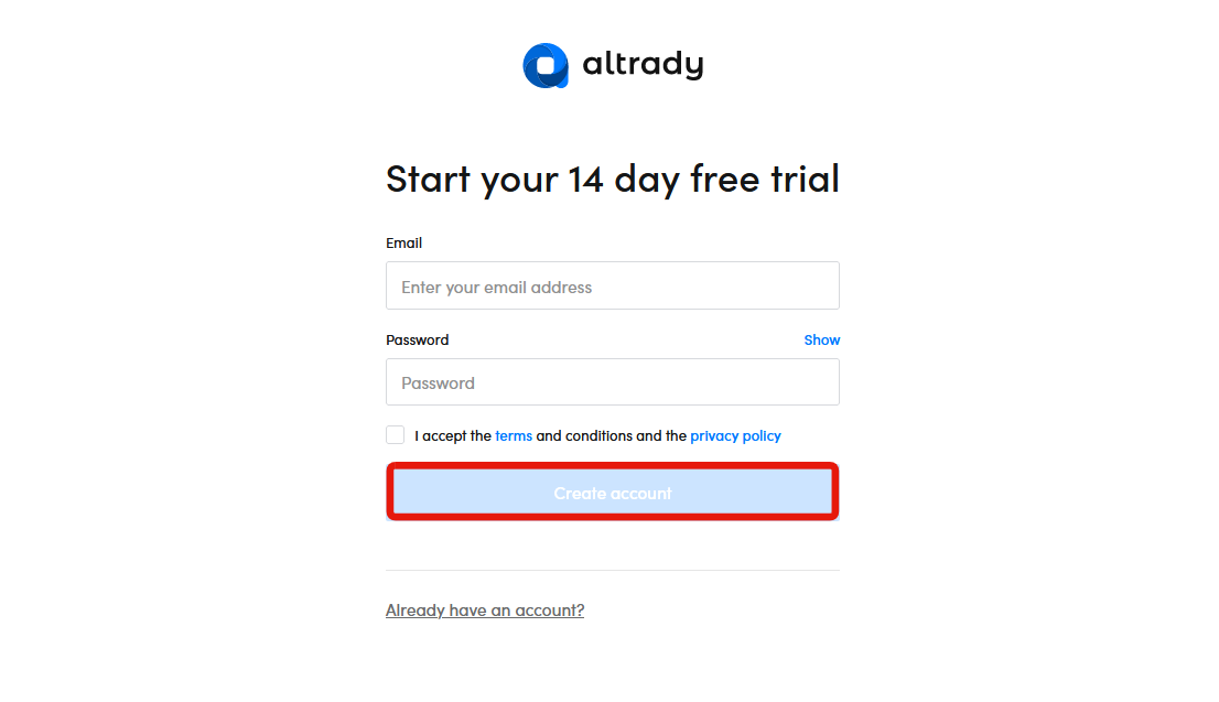 Enter your details to create an Altrady account.