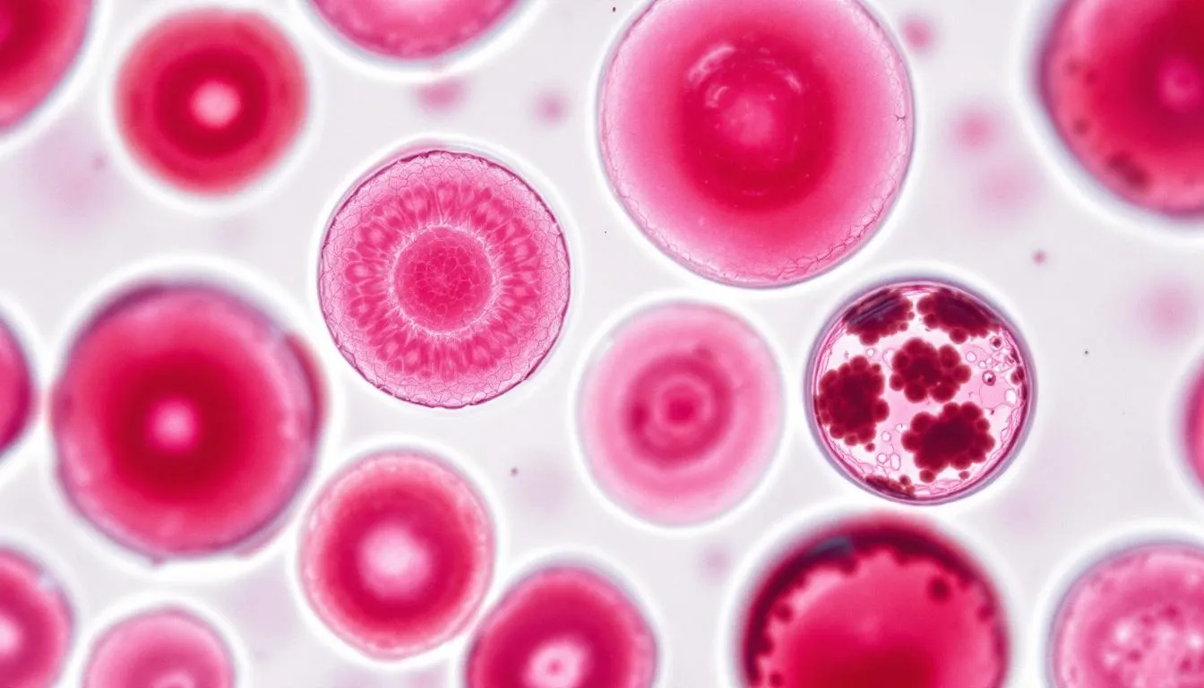 In this microscopic view, healthy red blood cells are contrasted with damaged cells exhibiting Heinz bodies, which indicate potential onion toxicity in dogs. The presence of Heinz bodies can lead to hemolytic anemia, showcasing the harmful effects of onions on a dog