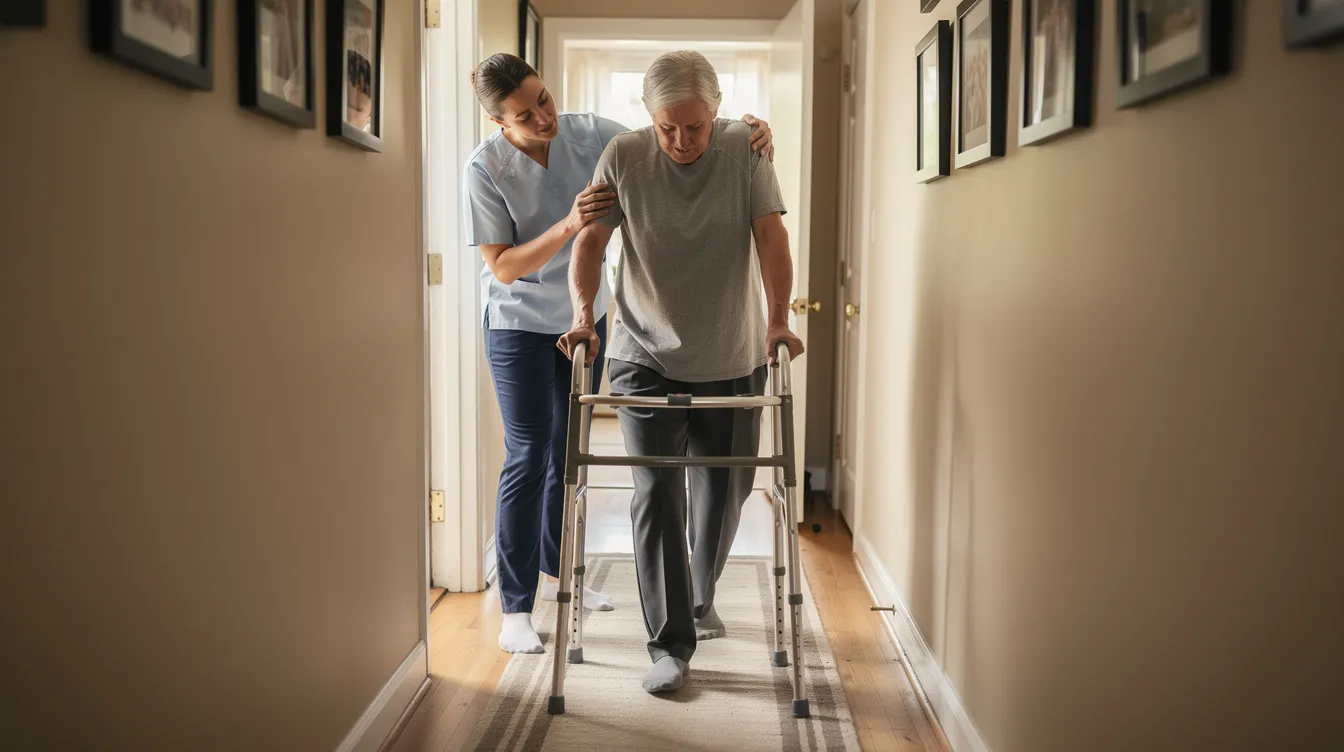 A physiotherapist is assisting a patient with mobility challenges as they practice walking with a walker in a home hallway, emphasizing the importance of home physiotherapy services for personalized treatment plans. This setting allows for tailored exercises that support recovery and improve joint mobility in a familiar environment.