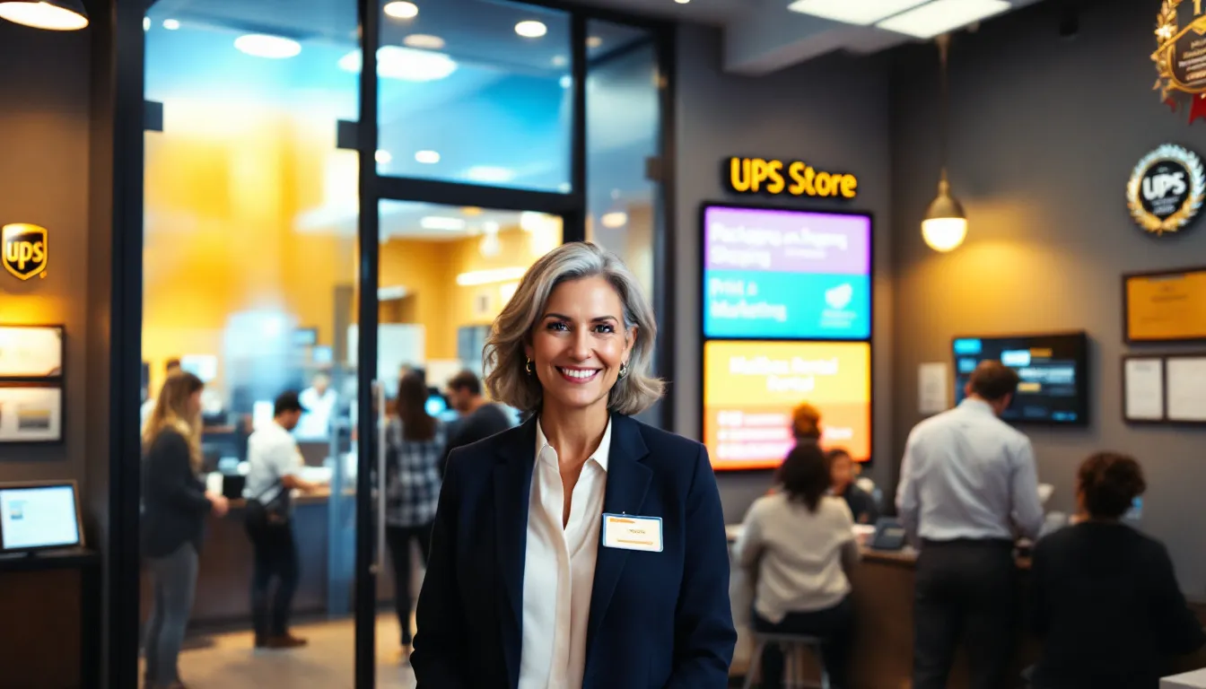 A small business owner stands proudly in front of their newly opened UPS Store franchise, showcasing the services offered and the customer trust they aim to build. Thee image reflects the entrepreneurial spirit and the potential benefits of becoming a franchisee, highlighting the support and proven business model that comes with owning a UPS Store.