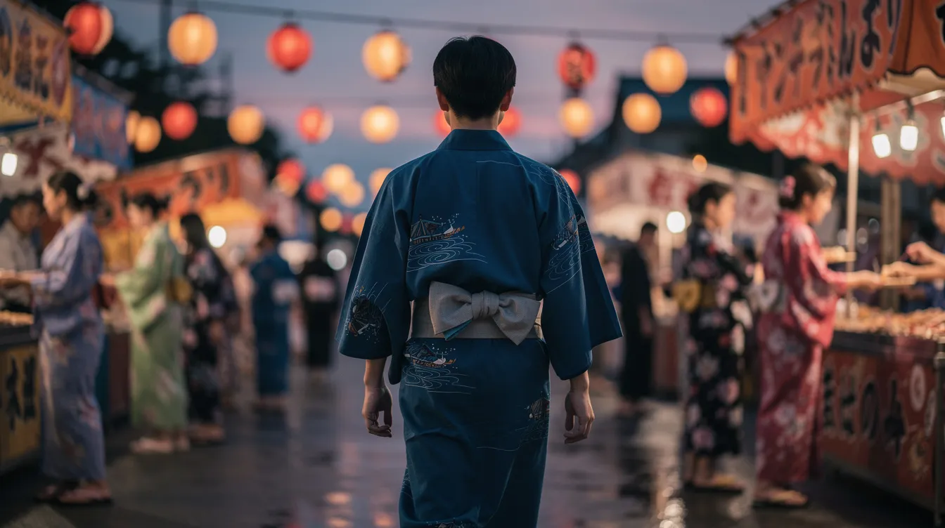 A person is gracefully walking through a lantern-lit summer festival at dusk, wearing a vibrant indigo cotton yukata adorned with traditional patterns. The scene captures the essence of Japanese culture, showcasing the yukata's elegance as it flows gently with the evening breeze.